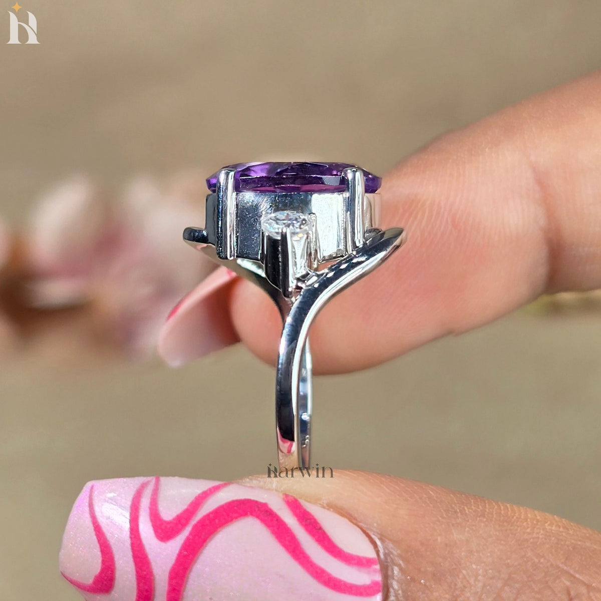 Natural Amethyst Oval Ring | Sterling Silver Halo Gemstone Jewelry