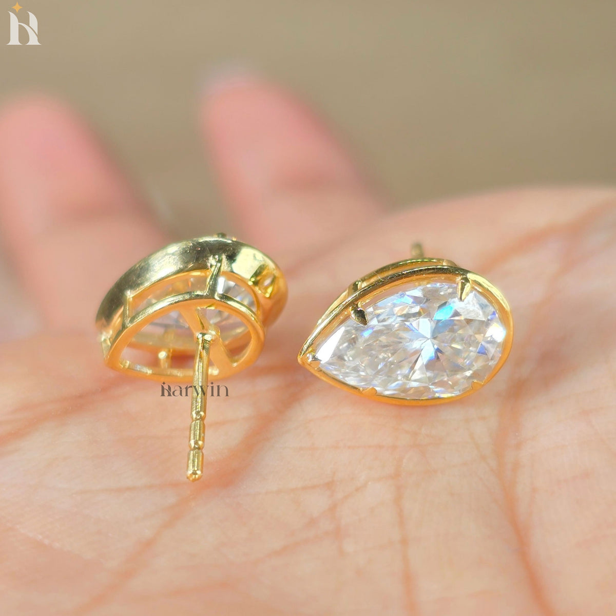 Pear Cut Diamond, Prongs and bezel Studs Tear Drop Studs Minimalist Dainty Earrings
