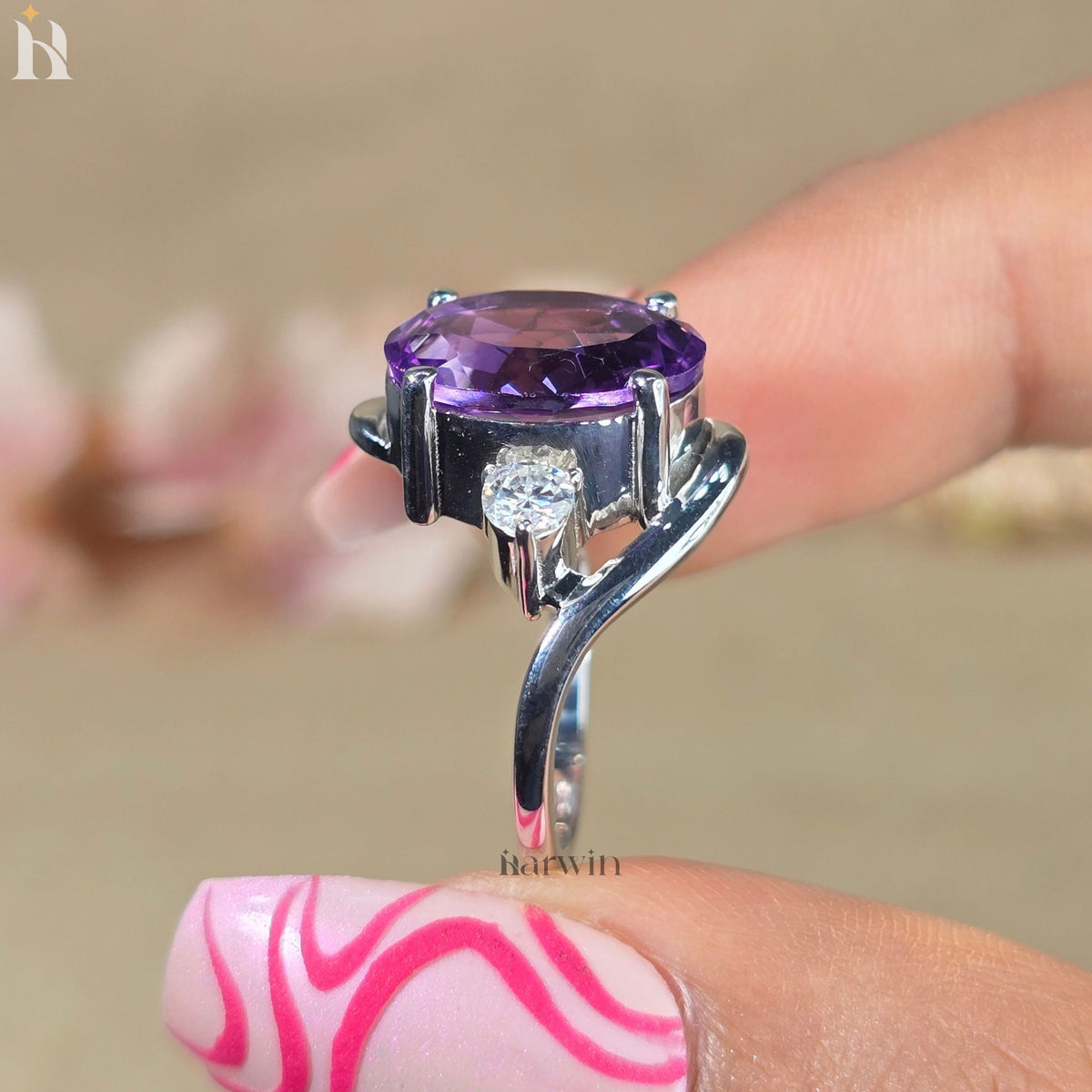 Natural Amethyst Oval Ring | Sterling Silver Halo Gemstone Jewelry