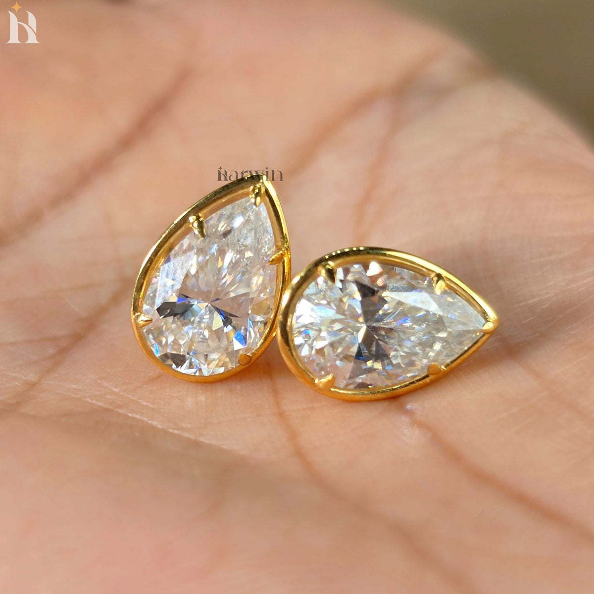 Pear Cut Diamond, Prongs and bezel Studs Tear Drop Studs Minimalist Dainty Earrings