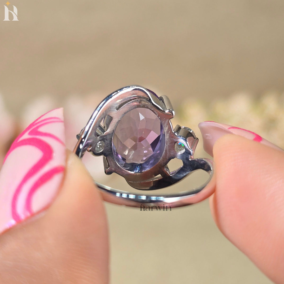 Natural Amethyst Oval Ring | Sterling Silver Halo Gemstone Jewelry