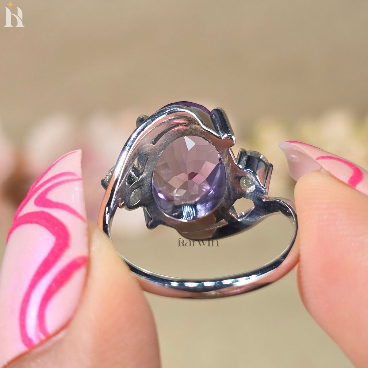 Natural Amethyst Oval Ring | Sterling Silver Halo Gemstone Jewelry