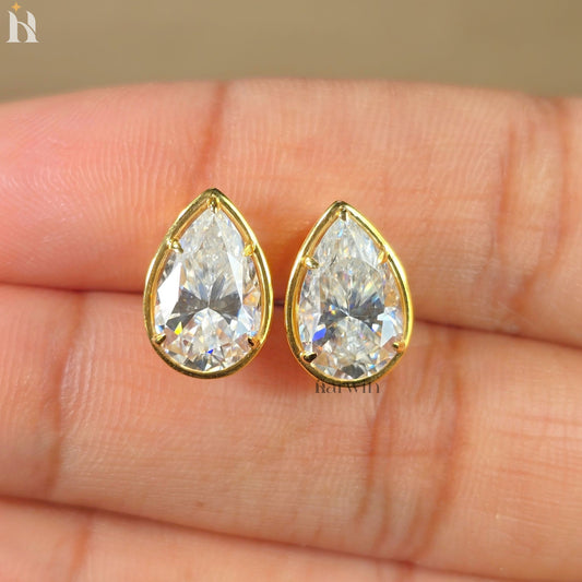 Pear Cut Diamond, Prongs and bezel Studs Tear Drop Studs Minimalist Dainty Earrings