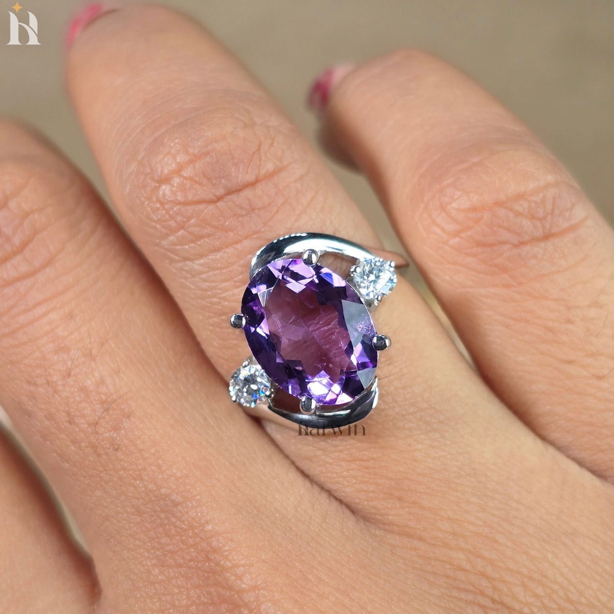 Natural Amethyst Oval Ring | Sterling Silver Halo Gemstone Jewelry