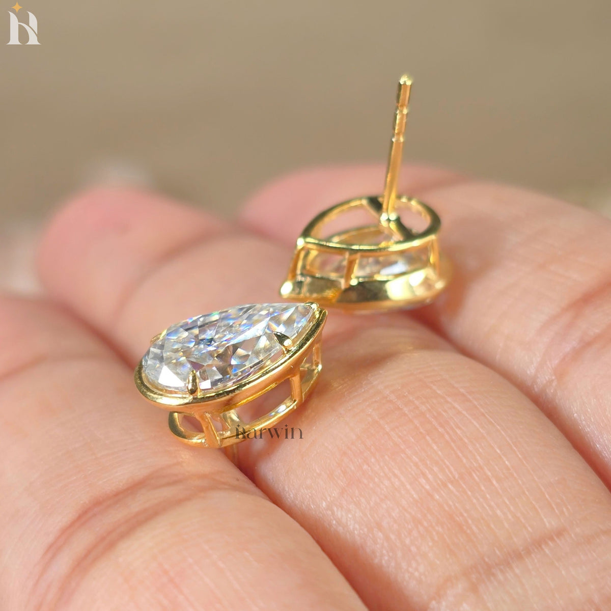 Pear Cut Diamond, Prongs and bezel Studs Tear Drop Studs Minimalist Dainty Earrings