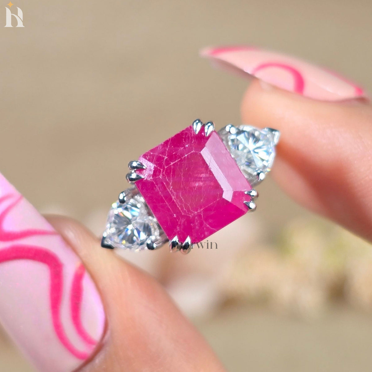 5CT Asscher Cut Pink Ruby & Heart Moissanite Three Stone Ring, 10k Gold Engagement Ring