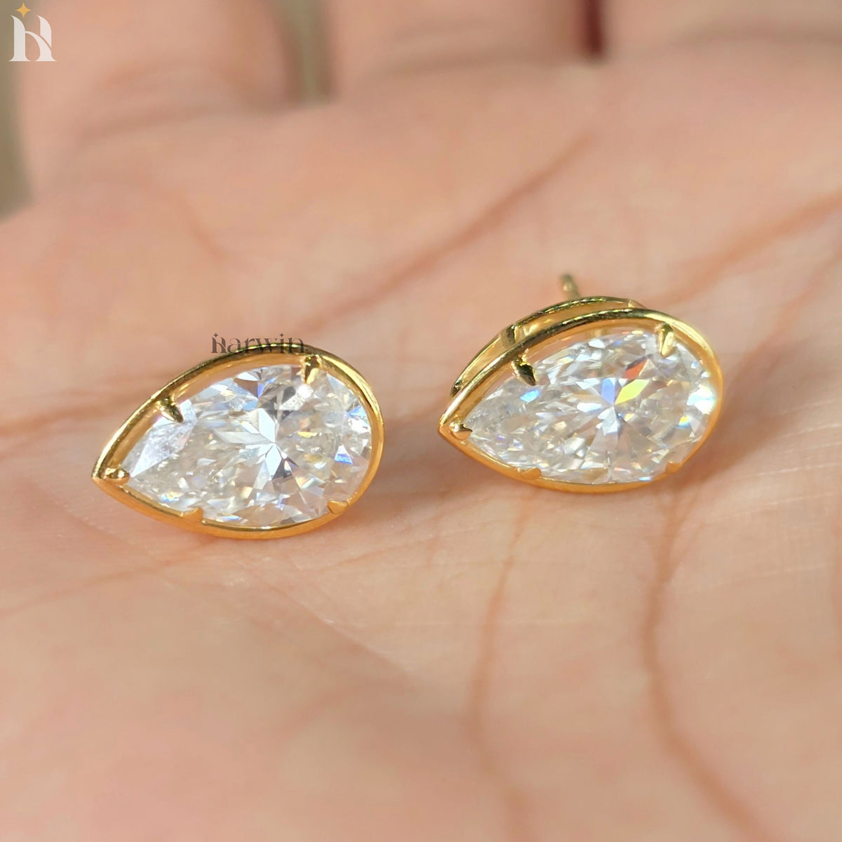 Pear Cut Diamond, Prongs and bezel Studs Tear Drop Studs Minimalist Dainty Earrings
