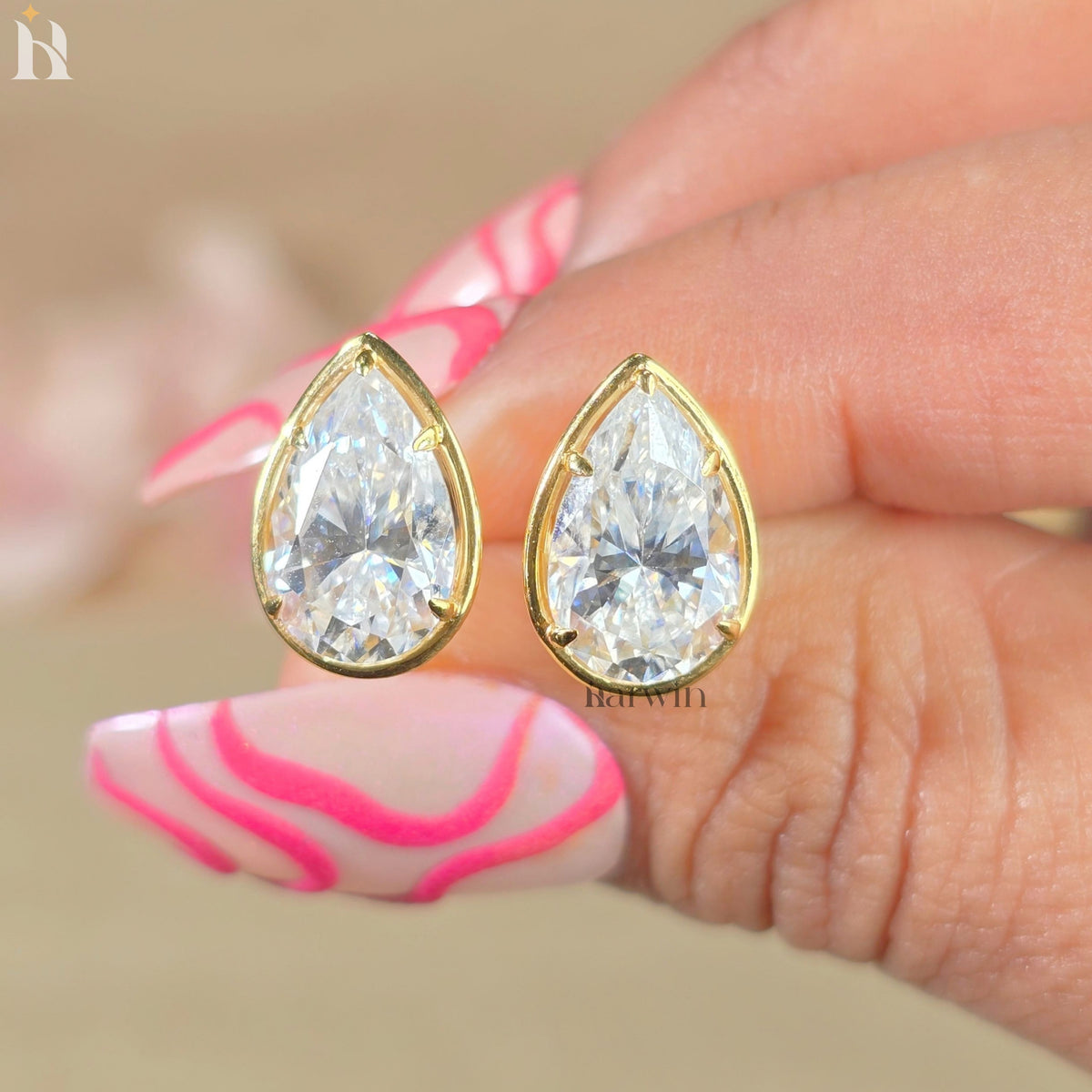 Pear Cut Diamond, Prongs and bezel Studs Tear Drop Studs Minimalist Dainty Earrings