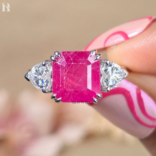 5CT Asscher Cut Pink Ruby & Heart Moissanite Three Stone Ring, 10k Gold Engagement Ring