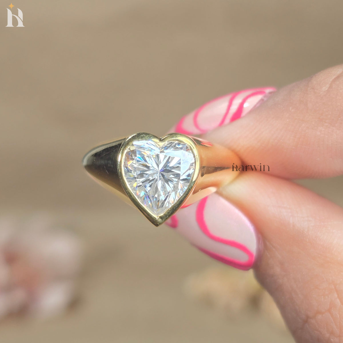 Heart Cut Moissanite Ring, 14KT Yellow Gold Bezel Set Solitaire