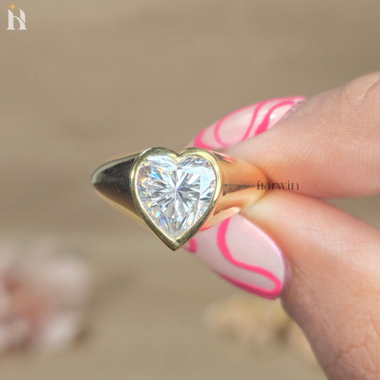 Heart Cut Moissanite Ring, 14KT Yellow Gold Bezel Set Solitaire
