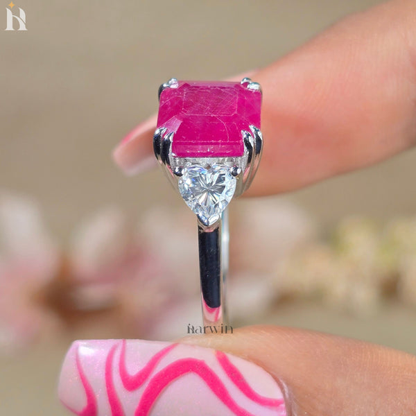 5CT Asscher Cut Pink Ruby & Heart Moissanite Three Stone Ring, 10k Gold Engagement Ring