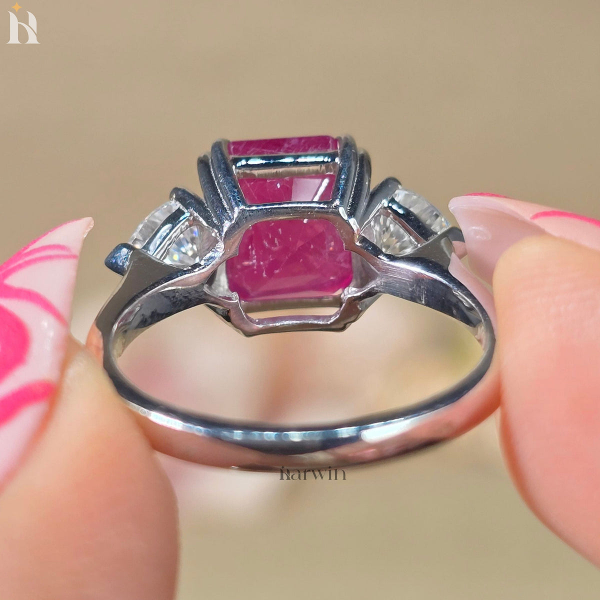 5CT Asscher Cut Pink Ruby & Heart Moissanite Three Stone Ring, 10k Gold Engagement Ring