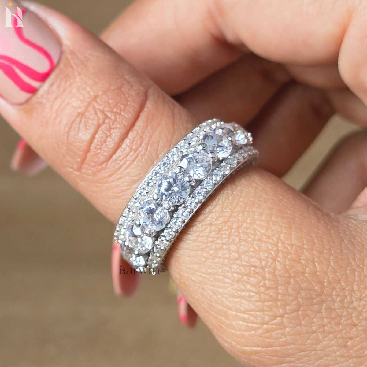 Round Cut Pave Eternity Band, Triple Row Diamond Ring, 4MM Moissanite Wedding Band