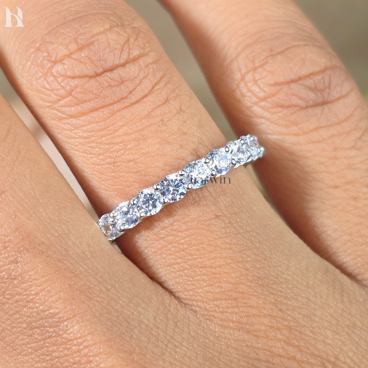 3MM Round Moissanite Prong Wedding Band, 14K White Gold Full Eternity Band