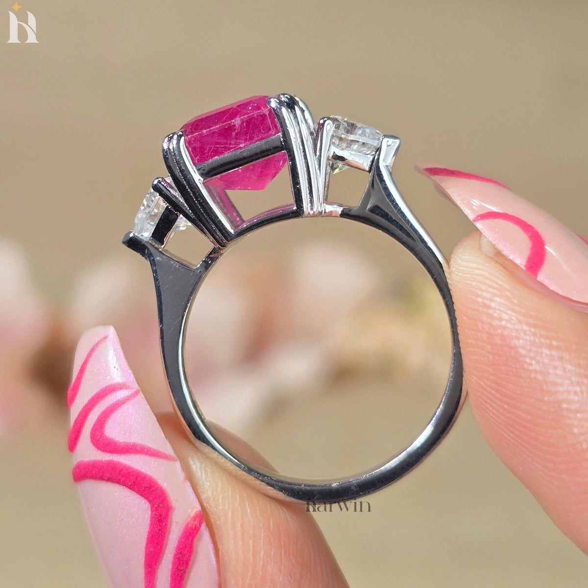 5CT Asscher Cut Pink Ruby & Heart Moissanite Three Stone Ring, 10k Gold Engagement Ring