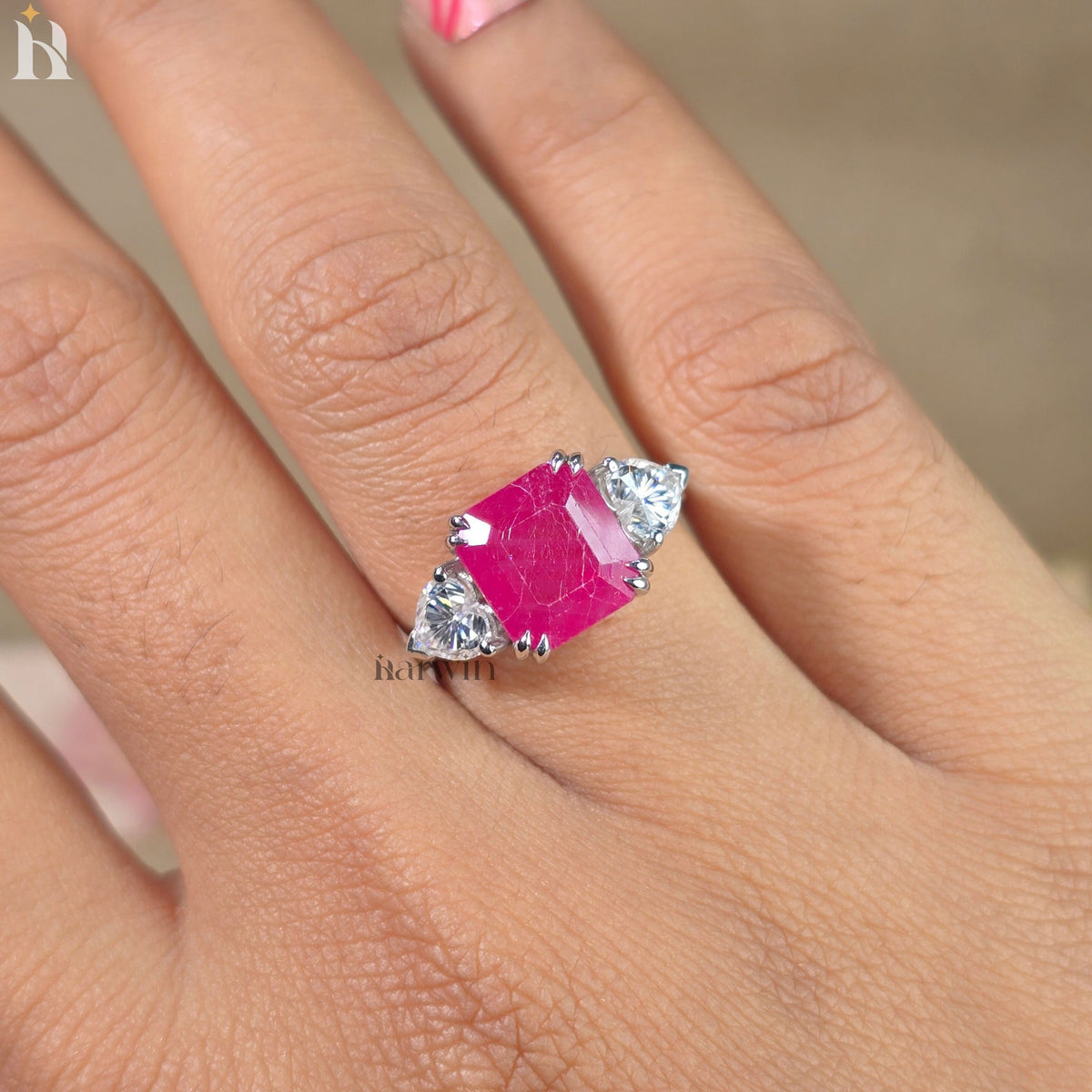 5CT Asscher Cut Pink Ruby & Heart Moissanite Three Stone Ring, 10k Gold Engagement Ring