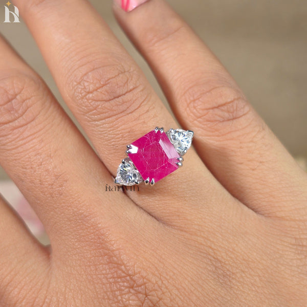 5CT Asscher Cut Pink Ruby & Heart Moissanite Three Stone Ring, 10k Gold Engagement Ring