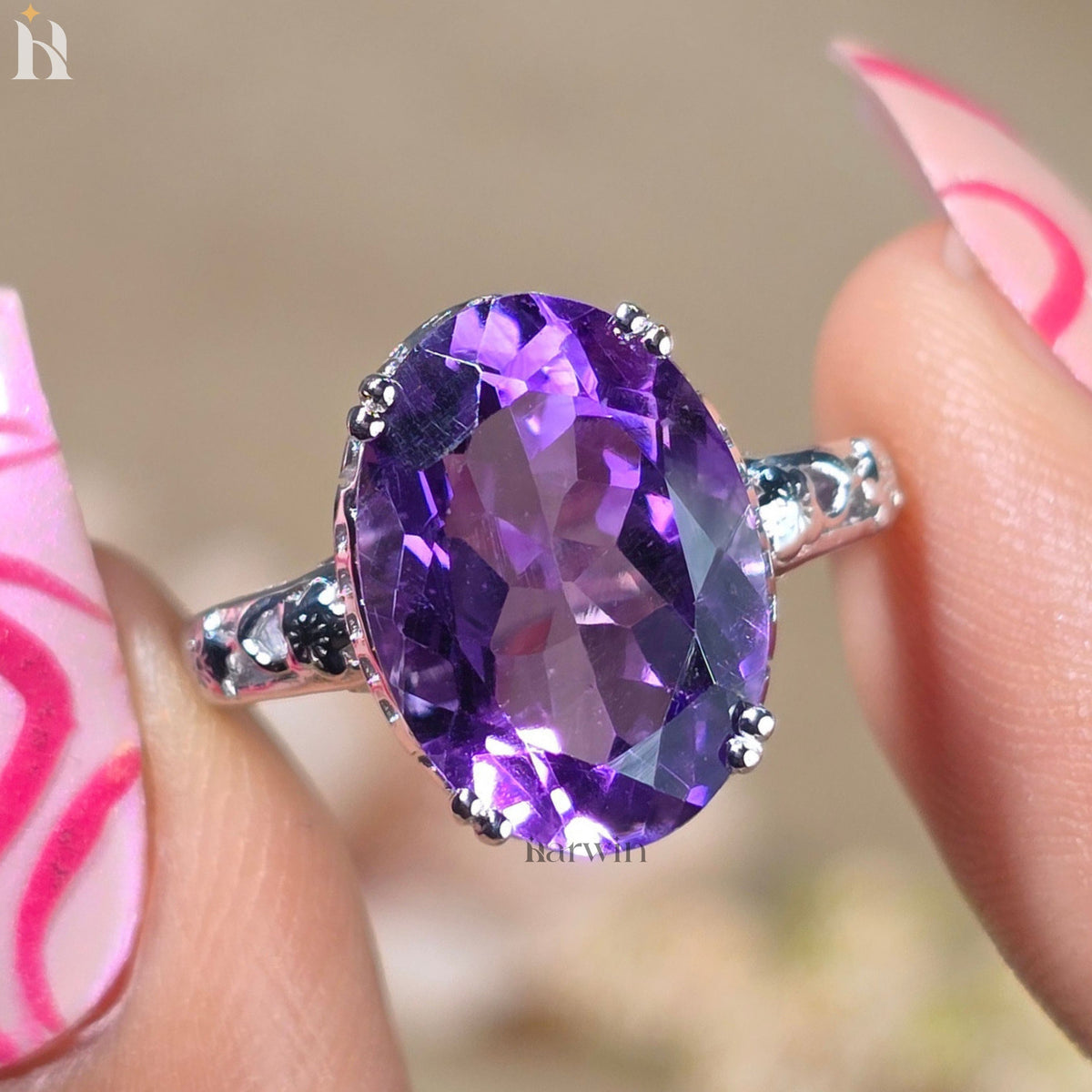 5CTOval Cut Gemstone Natural Purple Amethyst Ring Sterling Silver, Floral  Design, Made to Order