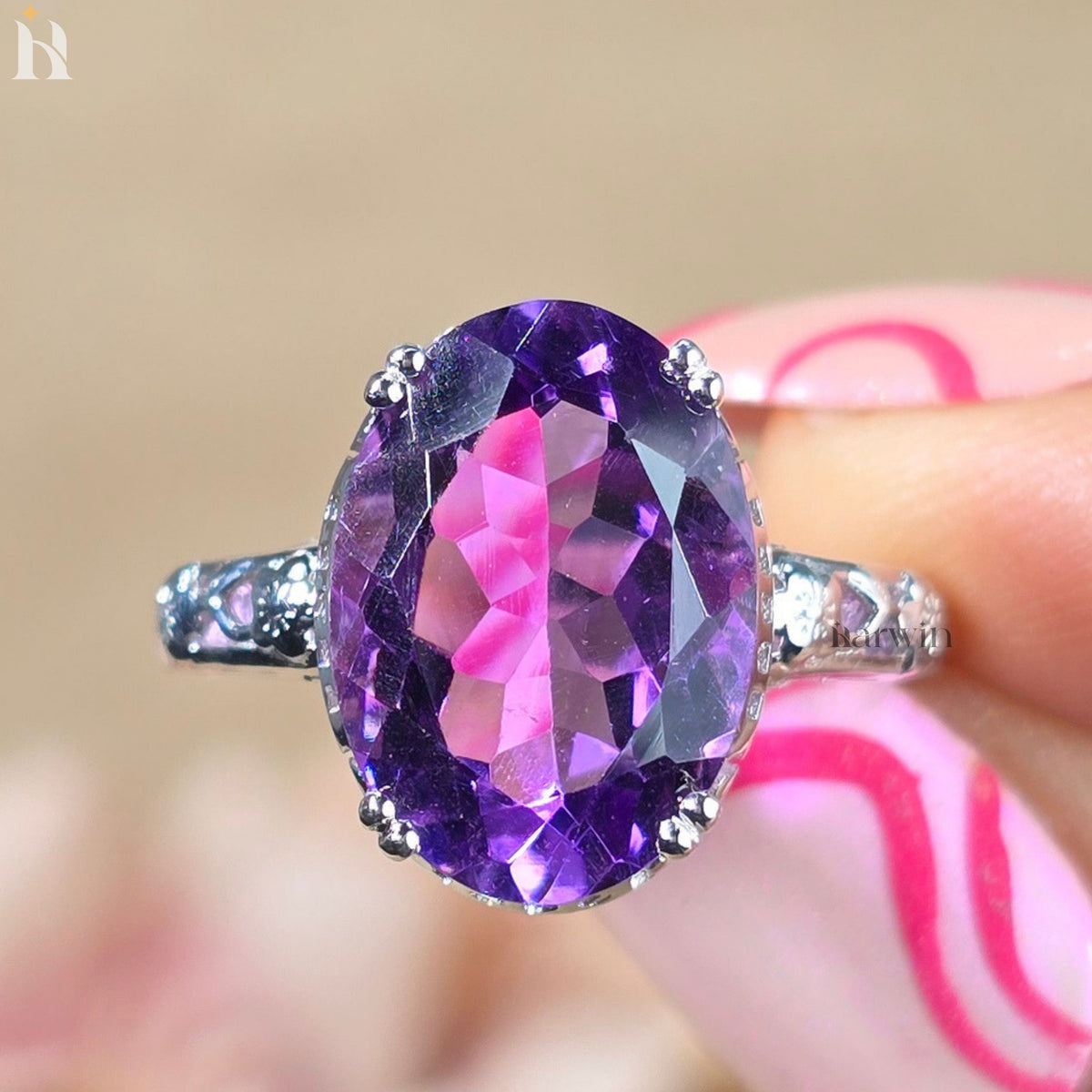 5CTOval Cut Gemstone Natural Purple Amethyst Ring Sterling Silver, Floral  Design, Made to Order