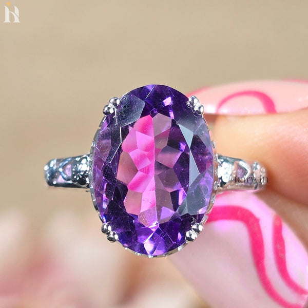 5CTOval Cut Gemstone Natural Purple Amethyst Ring Sterling Silver, Floral  Design, Made to Order