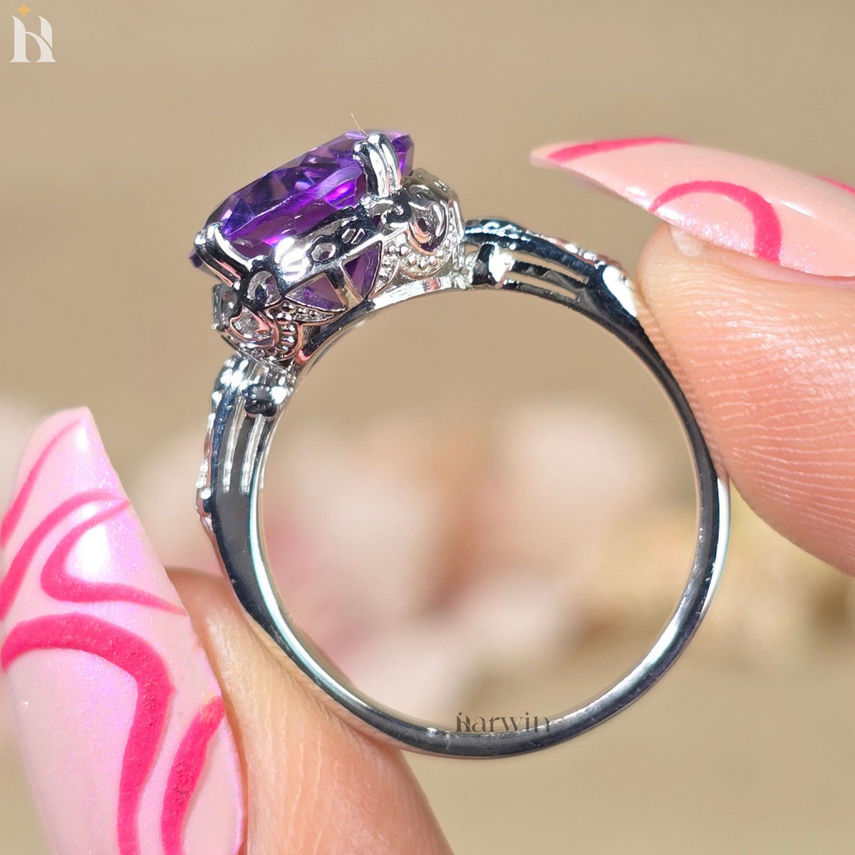 5CTOval Cut Gemstone Natural Purple Amethyst Ring Sterling Silver, Floral  Design, Made to Order