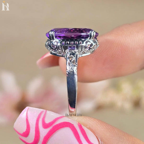 5CTOval Cut Gemstone Natural Purple Amethyst Ring Sterling Silver, Floral  Design, Made to Order