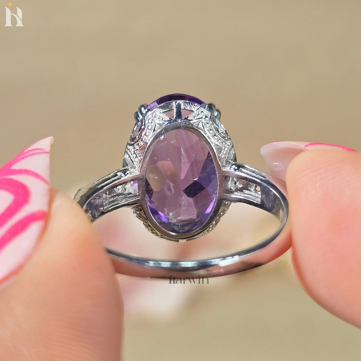 5CTOval Cut Gemstone Natural Purple Amethyst Ring Sterling Silver, Floral  Design, Made to Order