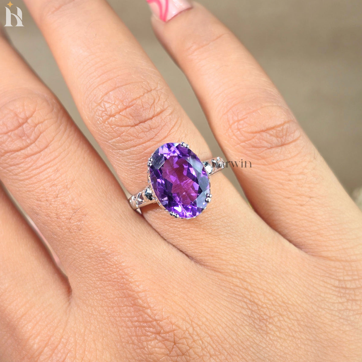 5CTOval Cut Gemstone Natural Purple Amethyst Ring Sterling Silver, Floral  Design, Made to Order
