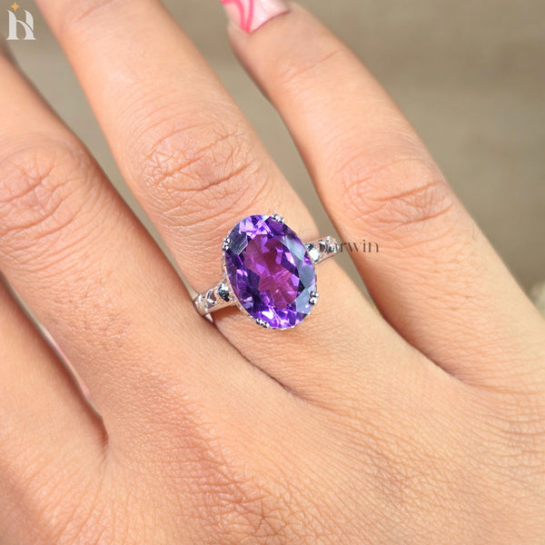 5CTOval Cut Gemstone Natural Purple Amethyst Ring Sterling Silver, Floral  Design, Made to Order