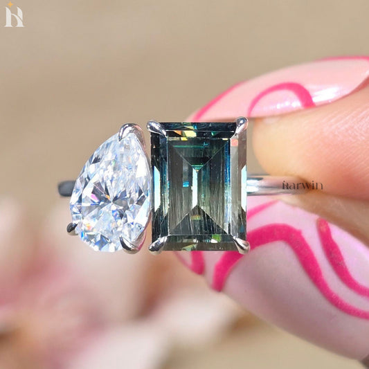 Green Emerald And Pear Cut Toi Et Moi Moissanite Engagement Ring, Vintage Band Ring