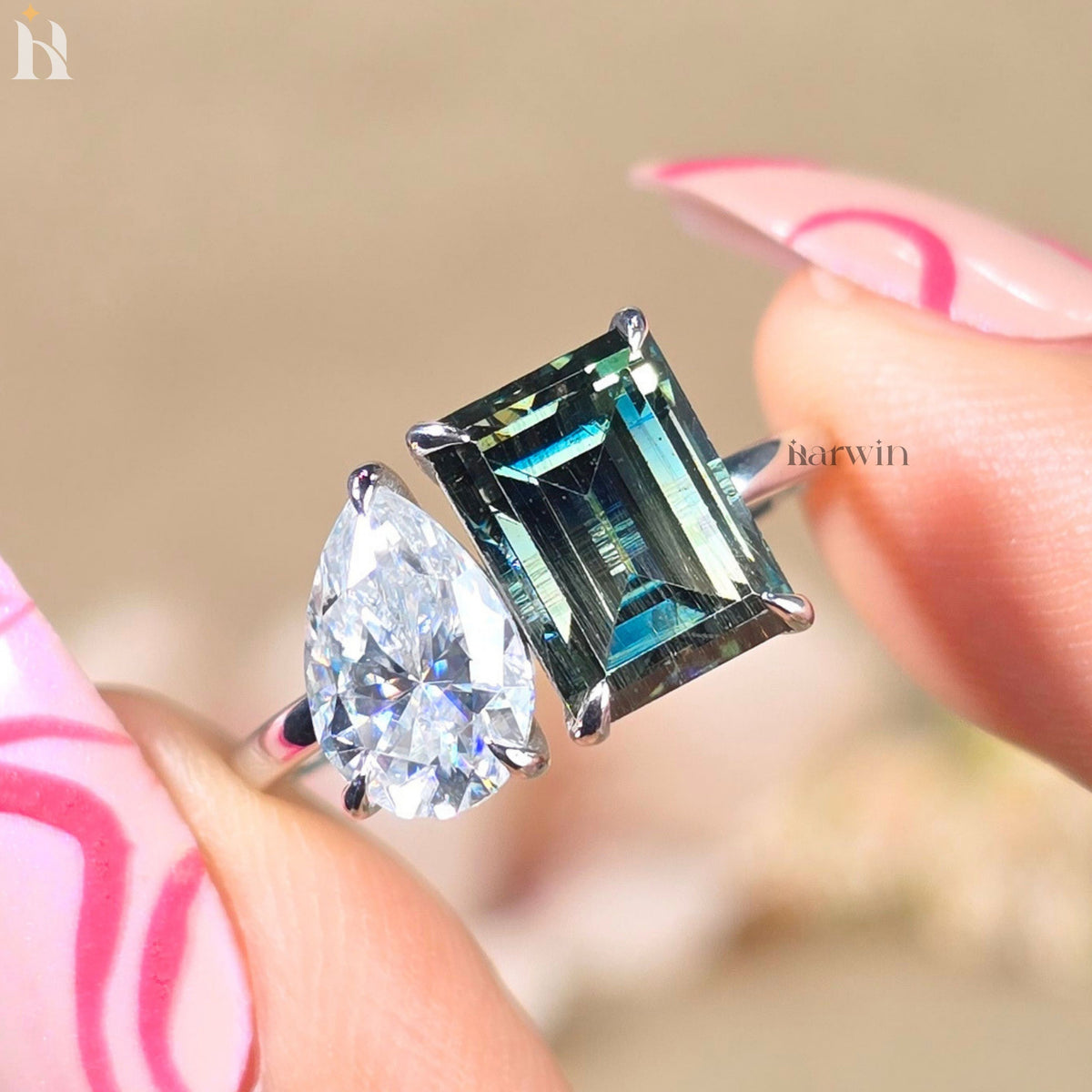 Green Emerald And Pear Cut Toi Et Moi Moissanite Engagement Ring, Vintage Band Ring