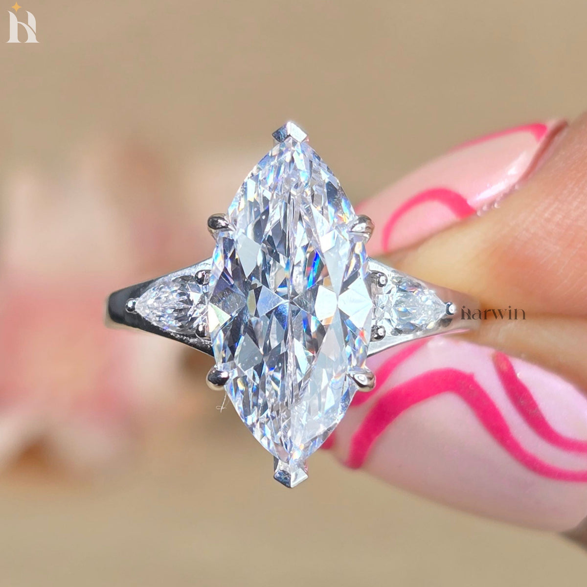 4 CT Marquise Moissanite Diamond Ring Three Stone Antique Style Pear Side Stones Ring