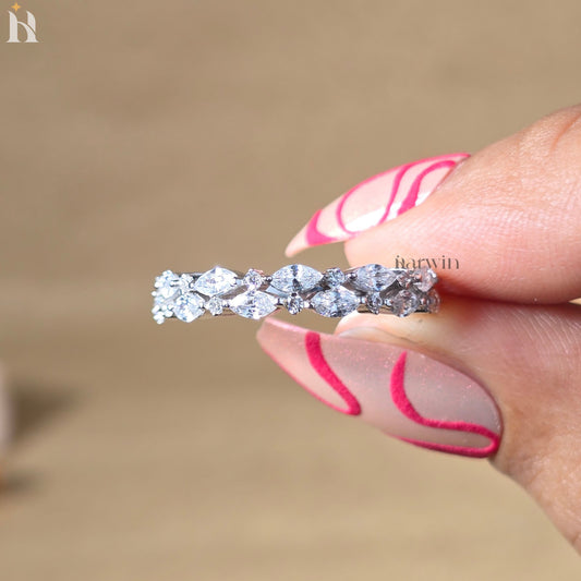 Marquise & Round Cut Moissanite Wedding Band, Half Eternity Stacking Band