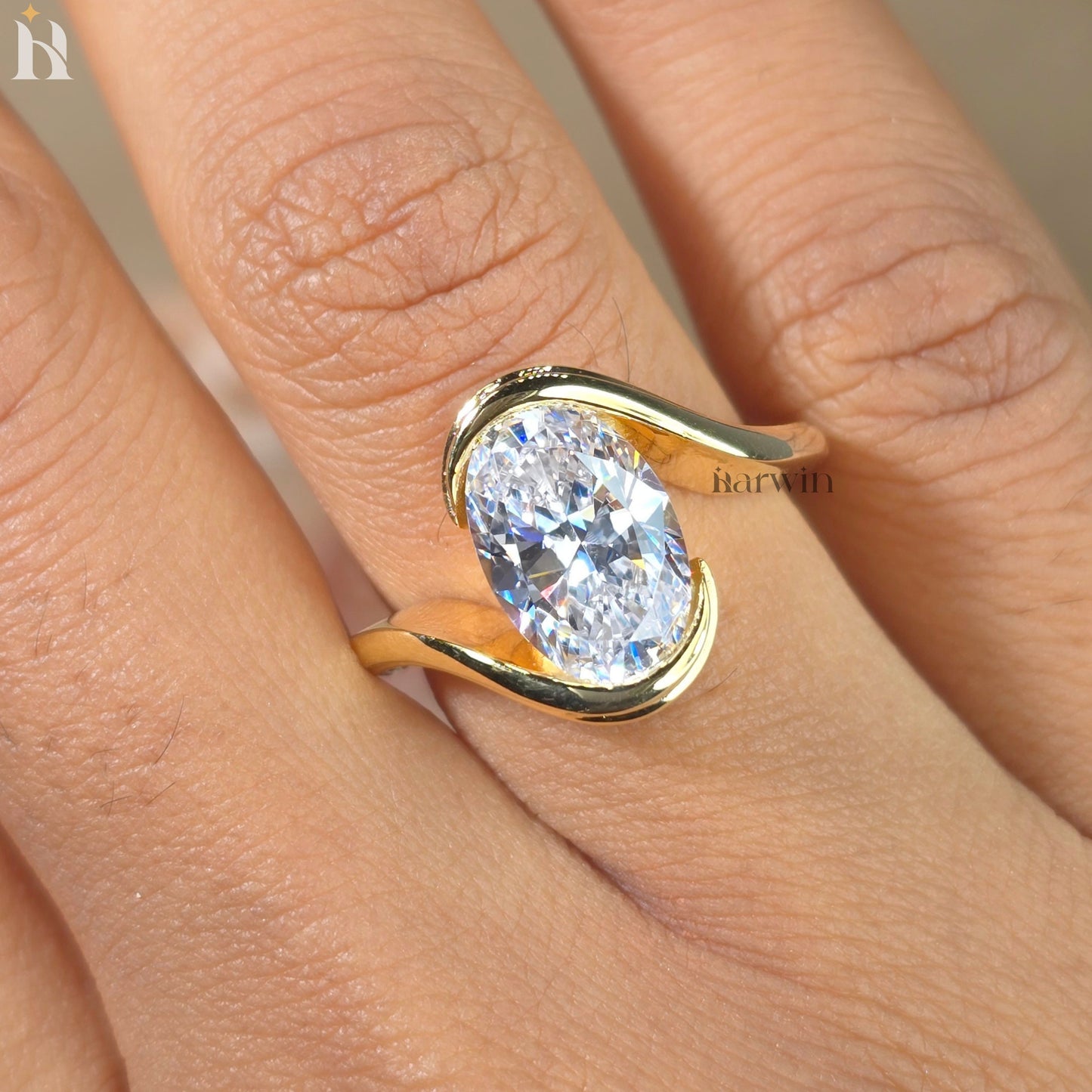 3.5 CT Oval Cut Half Bezel & Half Pave Set Moissanite Wedding Ring