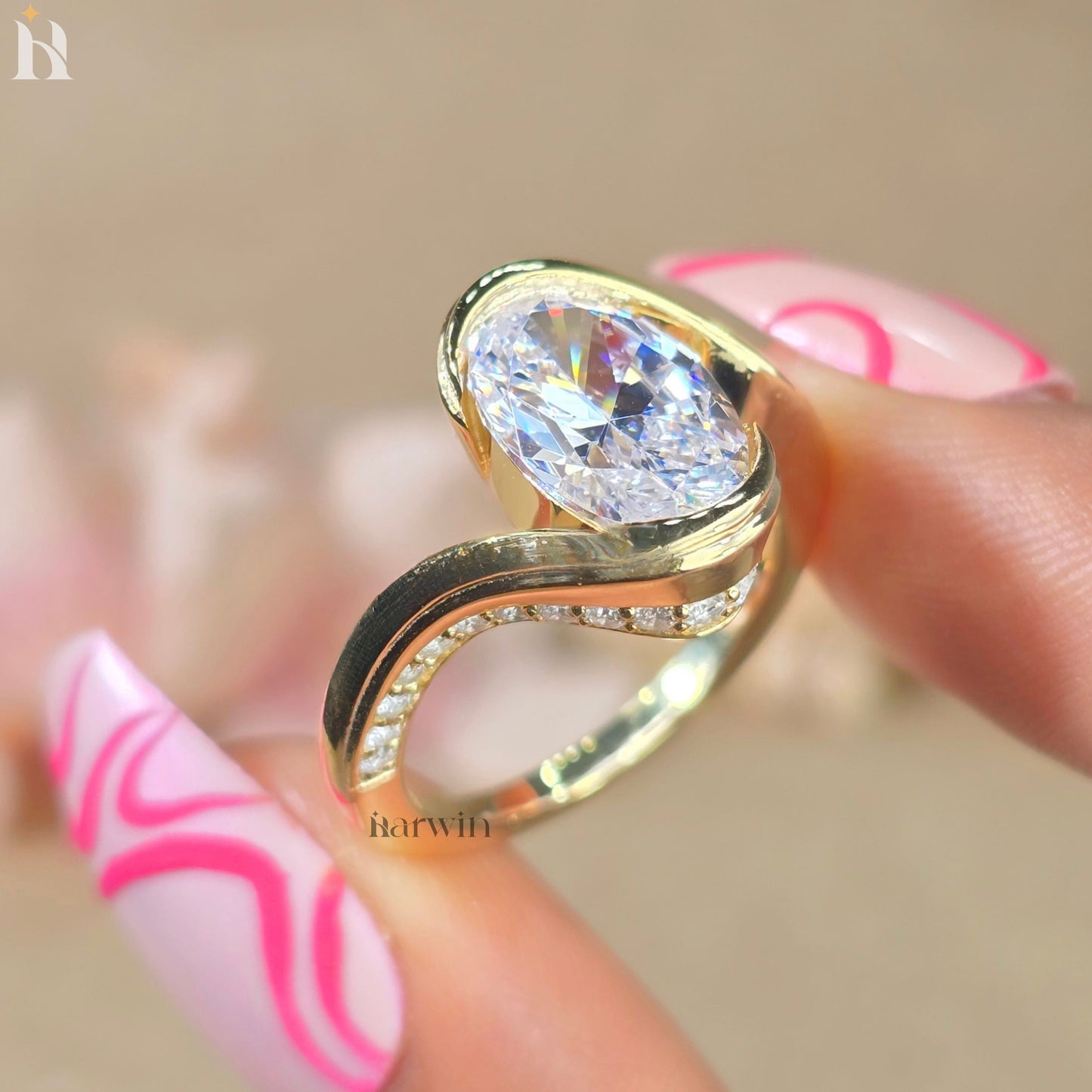 3.5 CT Oval Cut Half Bezel & Half Pave Set Moissanite Wedding Ring