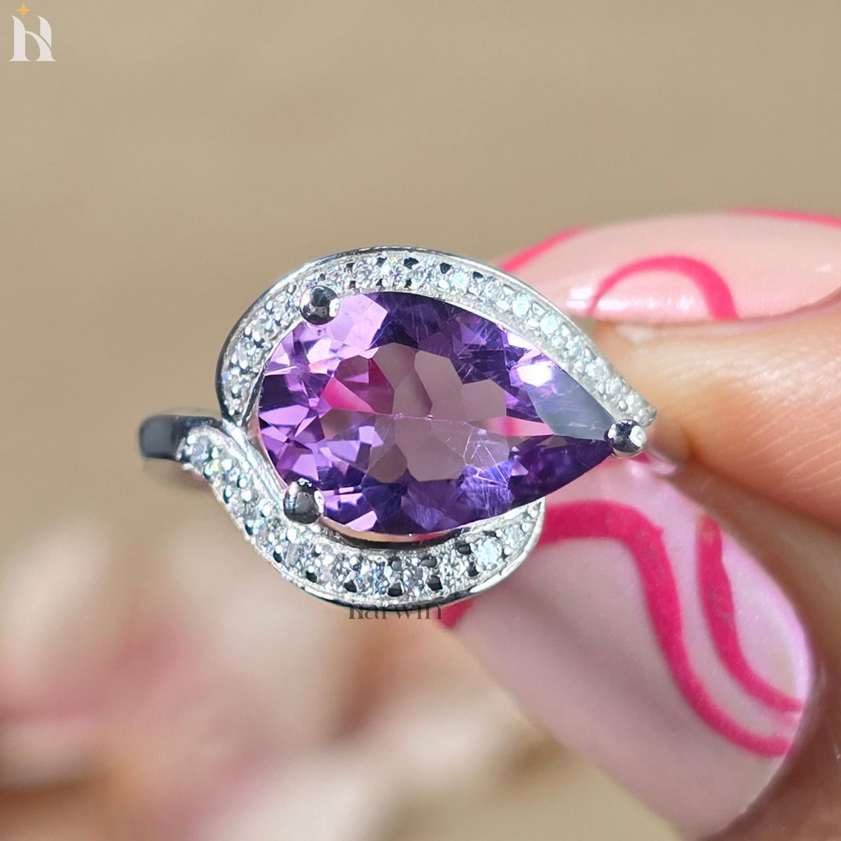 Pear Shaped Amethyst Ring Curved Band Halo Engagement Ring