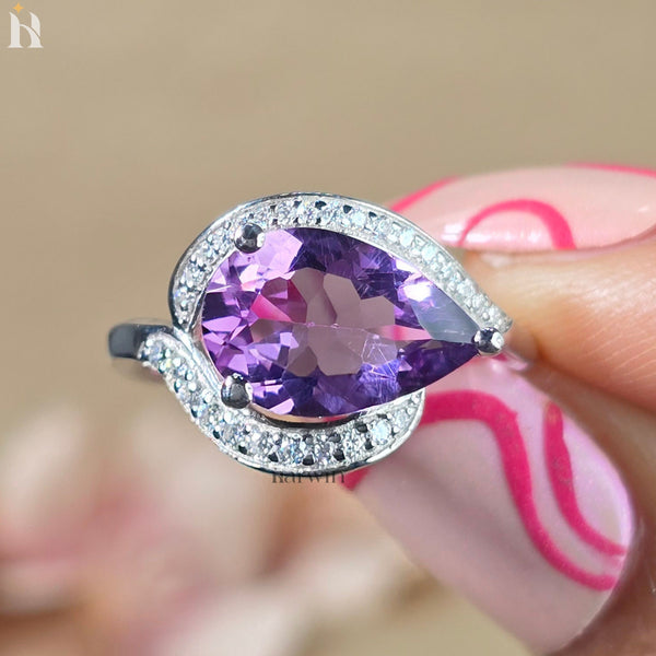Pear Shaped Amethyst Ring Curved Band Halo Engagement Ring