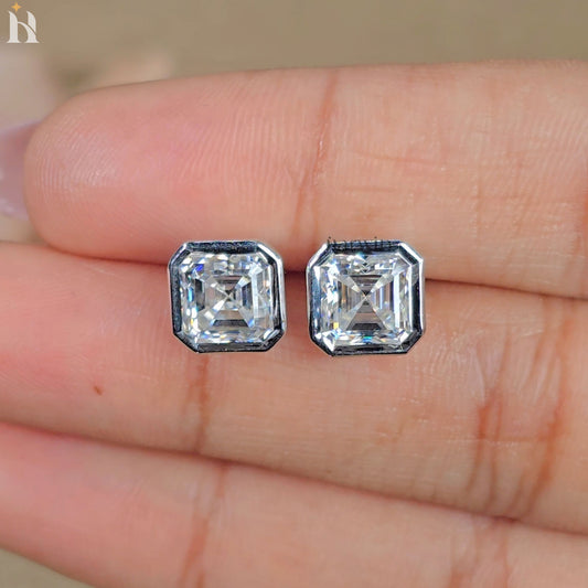 Asscher Cut Moissanite Solitaire Earrings, Classic Bezel Setting Stud Earrings