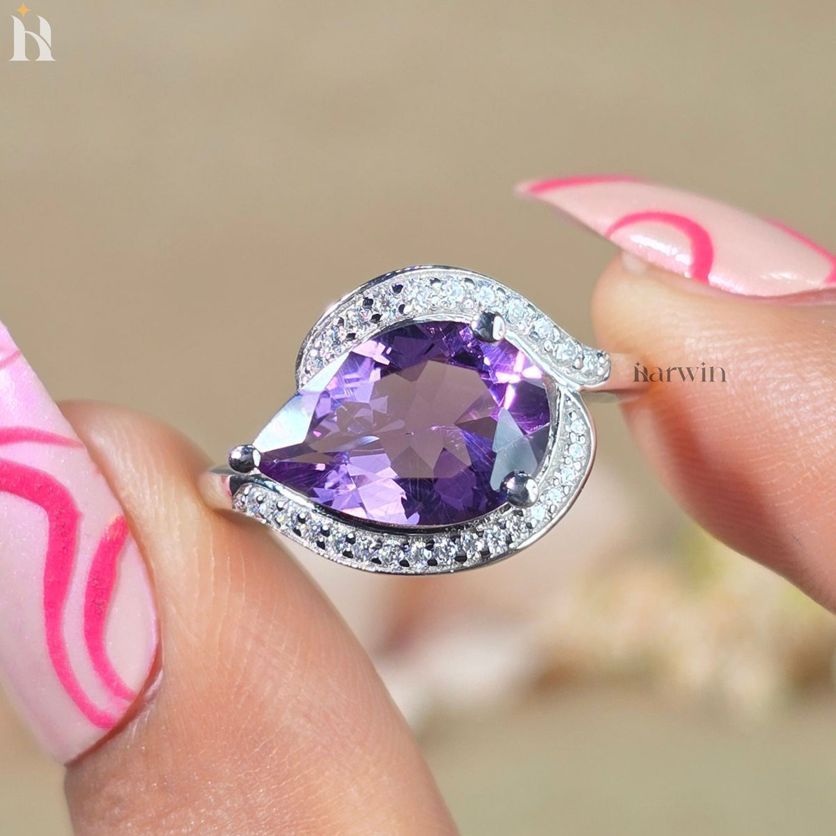 Pear Shaped Amethyst Ring Curved Band Halo Engagement Ring