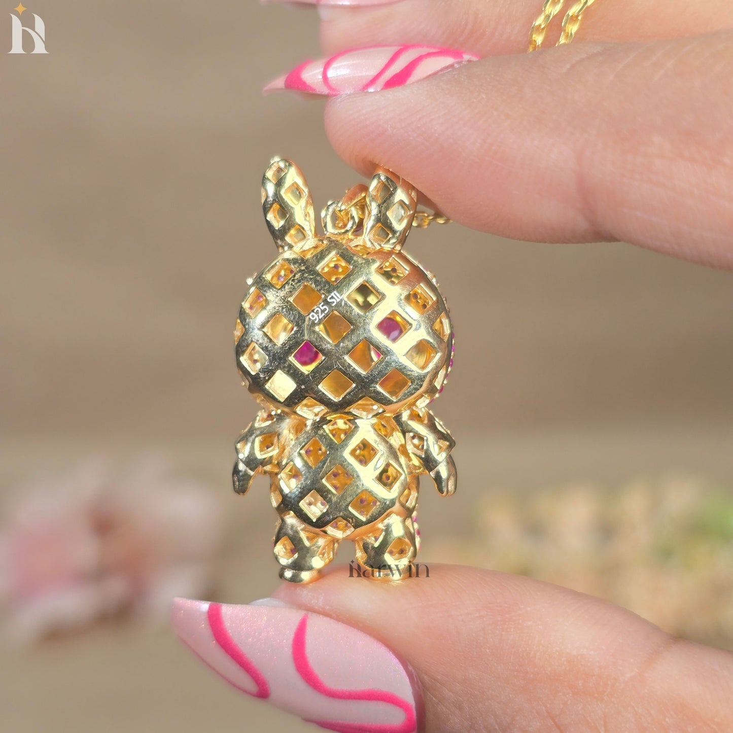 Pink CZ Diamond Teddy Bear Pendant | 925 Sterling Silver Bling Necklace