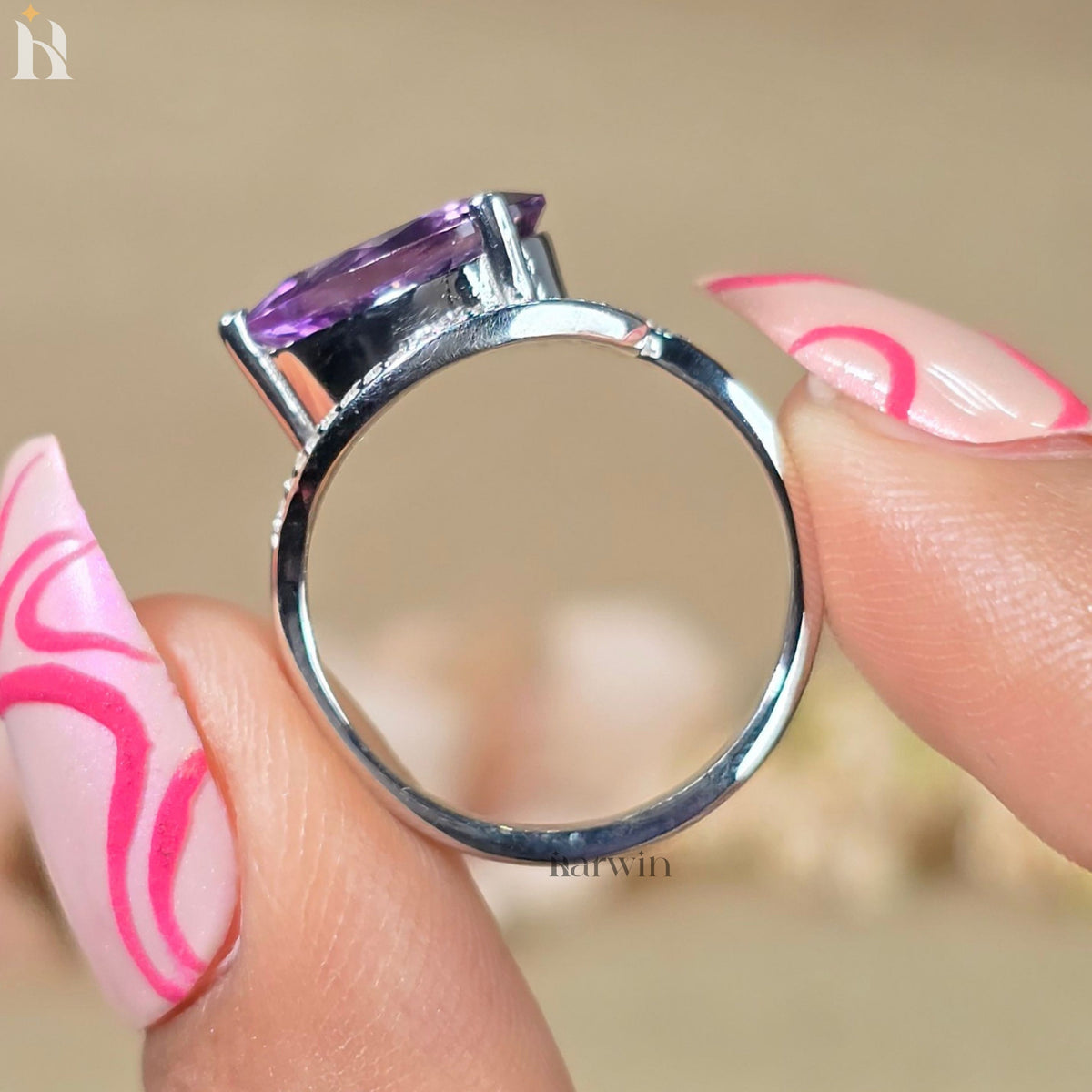 Pear Shaped Amethyst Ring Curved Band Halo Engagement Ring