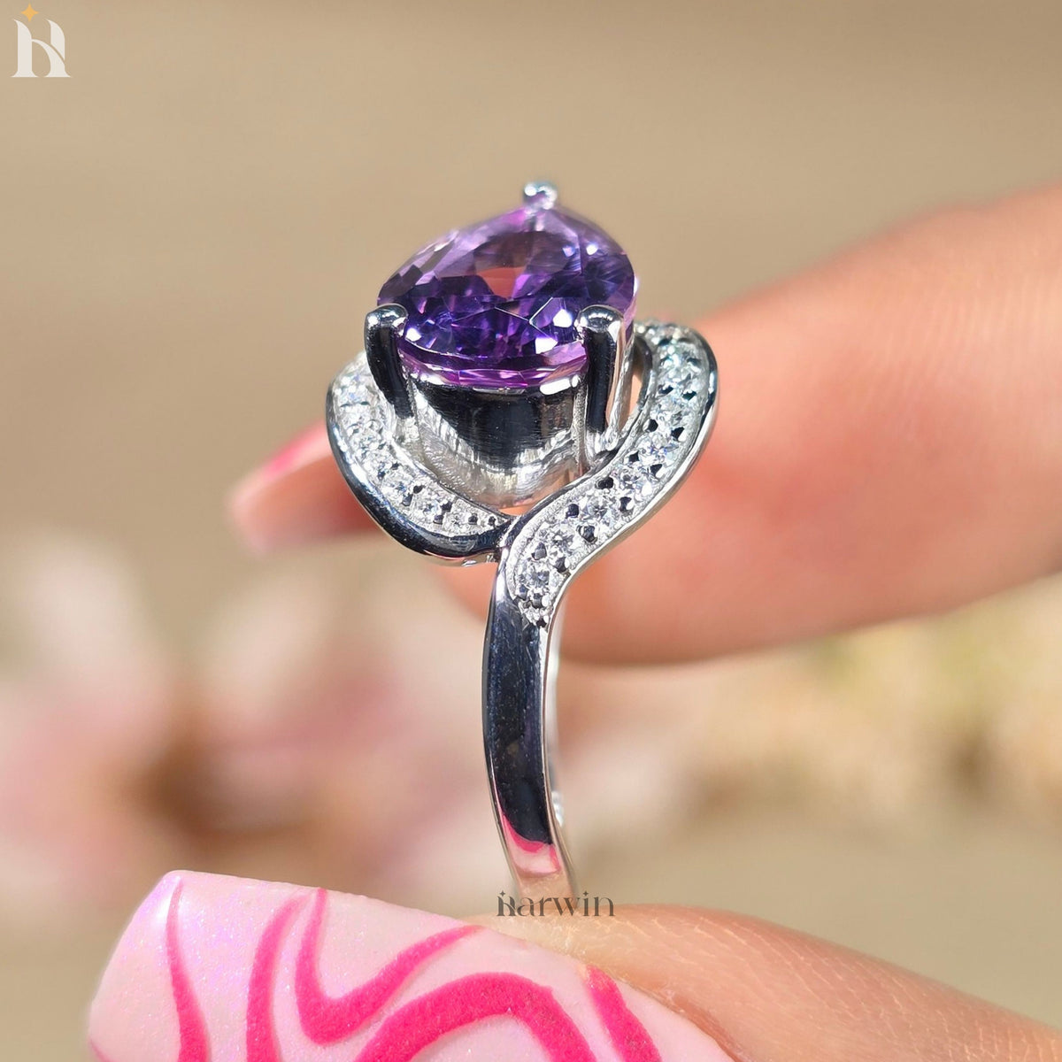 Pear Shaped Amethyst Ring Curved Band Halo Engagement Ring