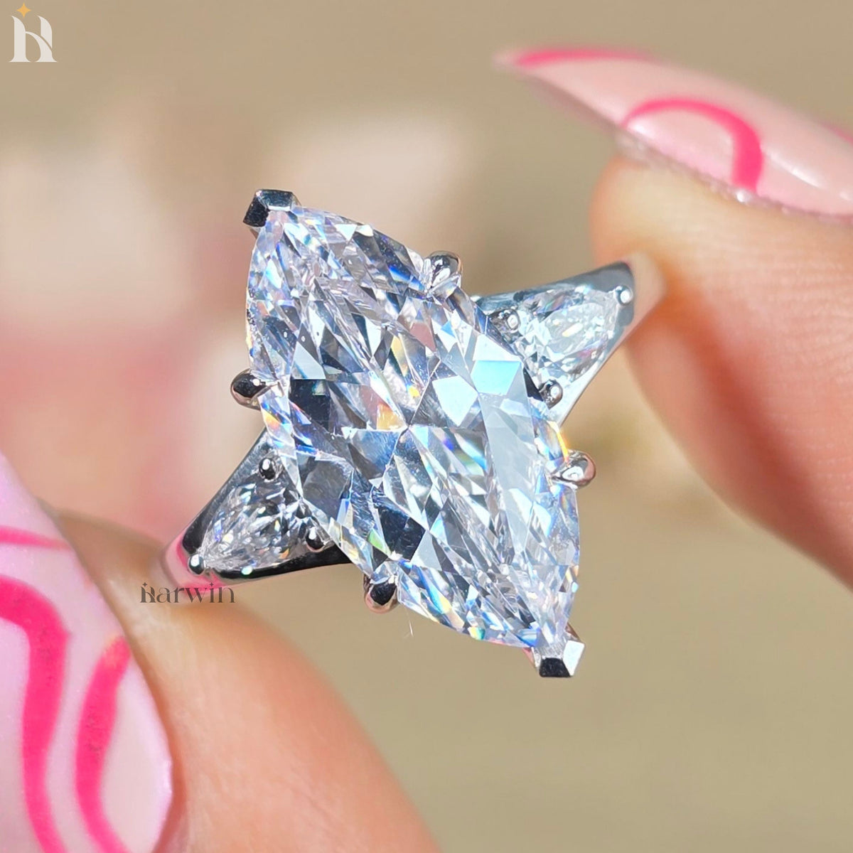 4 CT Marquise Moissanite Diamond Ring Three Stone Antique Style Pear Side Stones Ring
