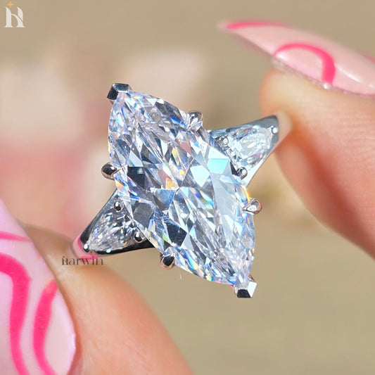 4 CT Marquise Moissanite Diamond Ring Three Stone Antique Style Pear Side Stones Ring