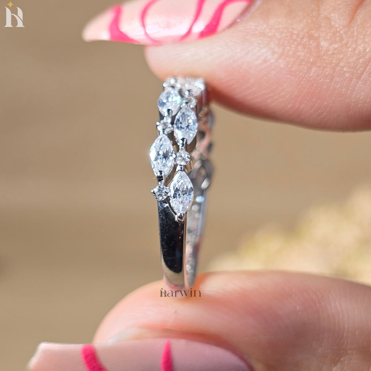 Marquise & Round Cut Moissanite Wedding Band, Half Eternity Stacking Band