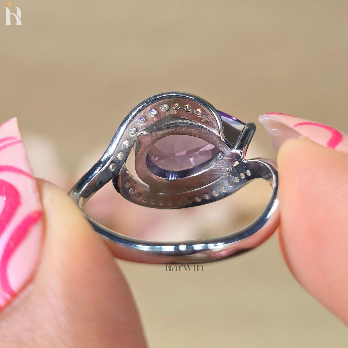 Pear Shaped Amethyst Ring Curved Band Halo Engagement Ring