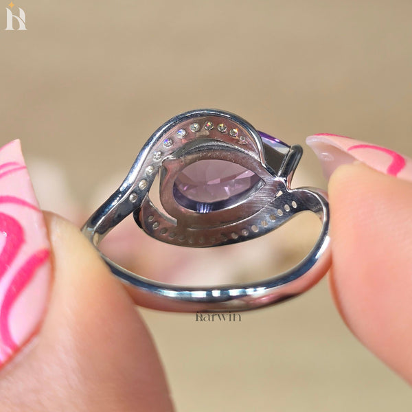 Pear Shaped Amethyst Ring Curved Band Halo Engagement Ring
