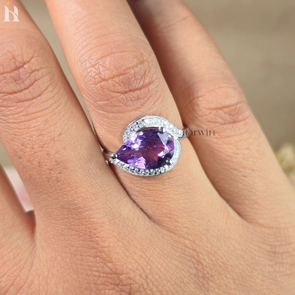 Pear Shaped Amethyst Ring Curved Band Halo Engagement Ring