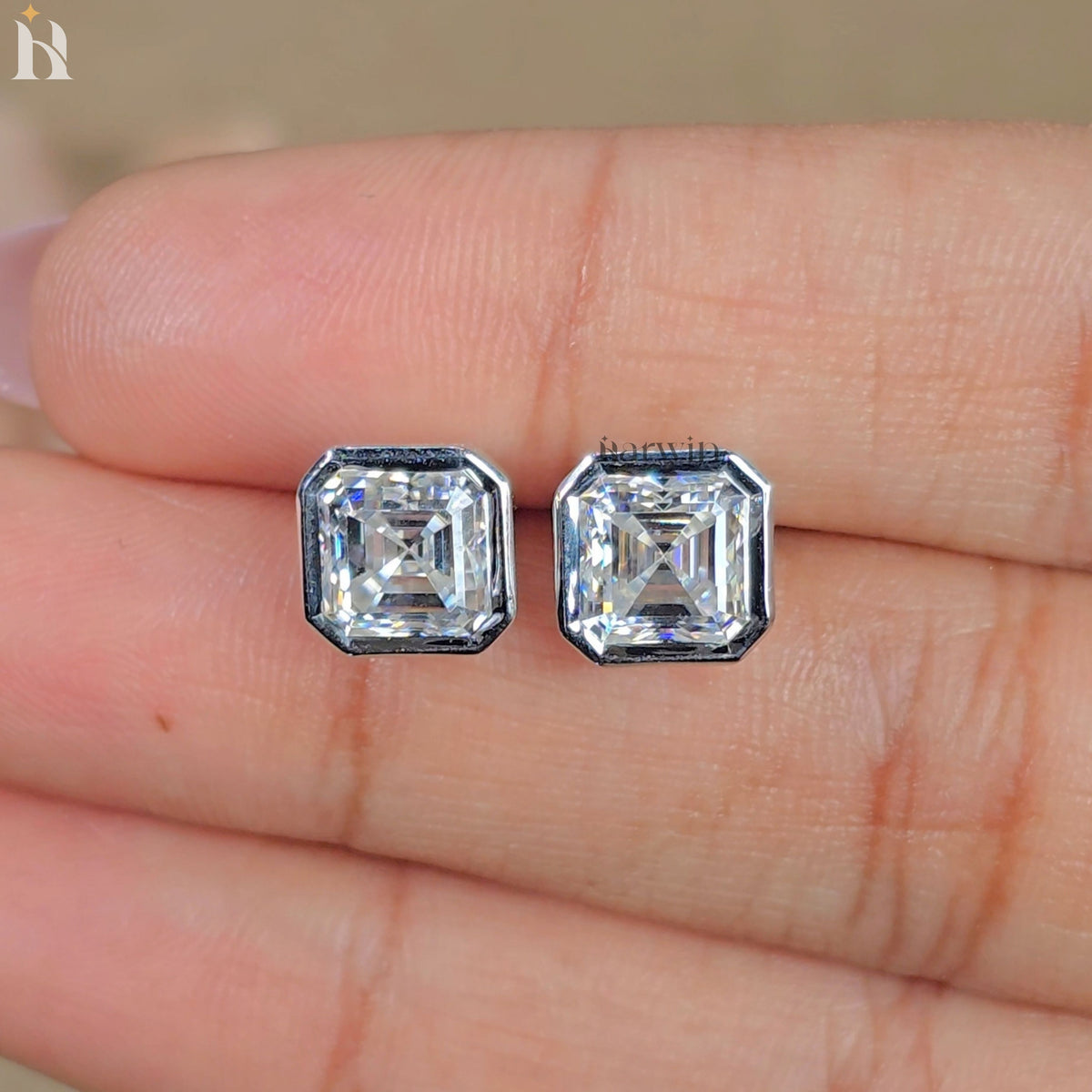Asscher Cut Moissanite Solitaire Earrings, Classic Bezel Setting Stud Earrings